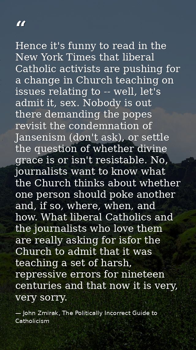 Hence it's funny to read in the New York Times that liberal Catholic activists are pushing for a change in Church teachi — John Zmirak, The Politically Incorrect Guide to Catholicism