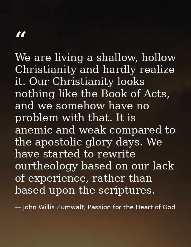 We are living a shallow, hollow Christianity and hardly realize it. Our Christianity looks nothing like the Book of Acts — John Willis Zumwalt, Passion for the Heart of God