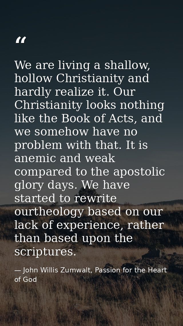 We are living a shallow, hollow Christianity and hardly realize it. Our Christianity looks nothing like the Book of Acts — John Willis Zumwalt, Passion for the Heart of God