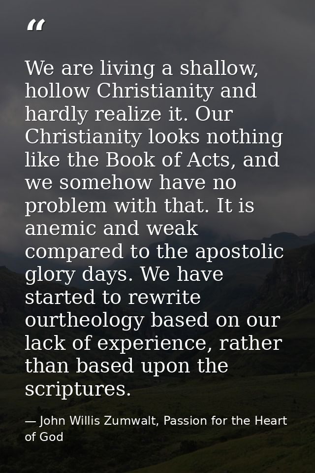 We are living a shallow, hollow Christianity and hardly realize it. Our Christianity looks nothing like the Book of Acts — John Willis Zumwalt, Passion for the Heart of God