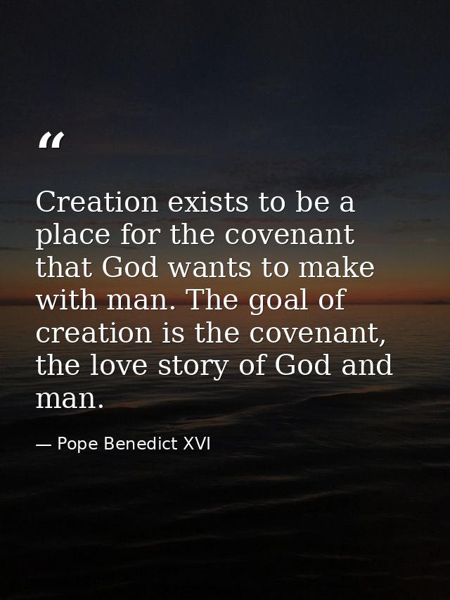 Creation exists to be a place for the covenant that God wants to make with man. The goal of creation is the covenant, th — Pope Benedict XVI