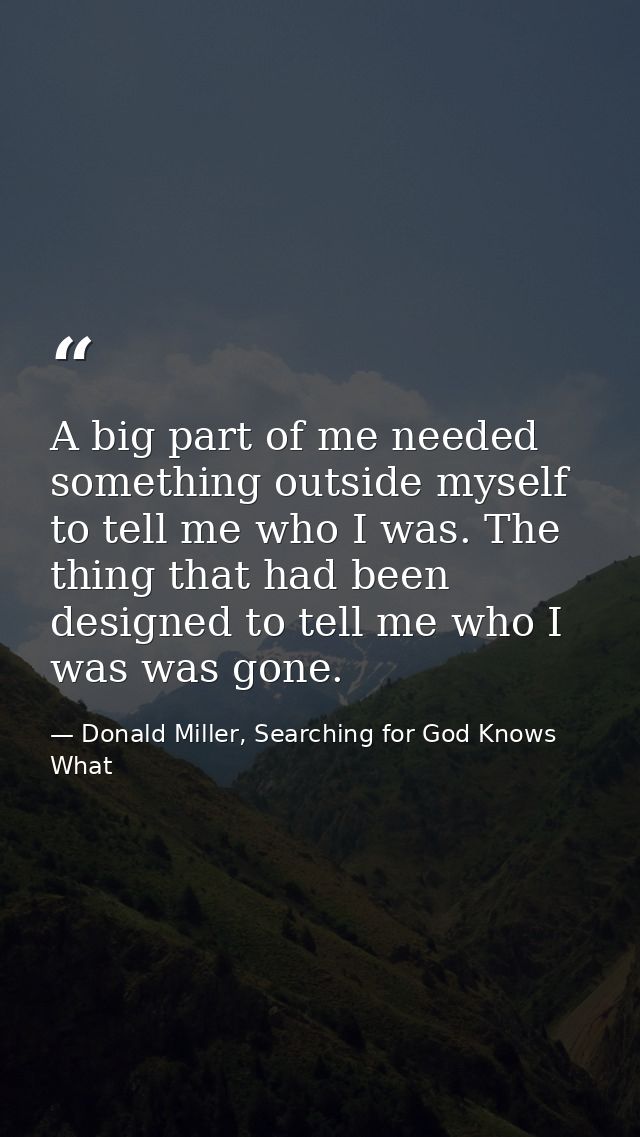 A big part of me needed something outside myself to tell me who I was. The thing that had been designed to tell me who I — Donald Miller, Searching for God Knows What
