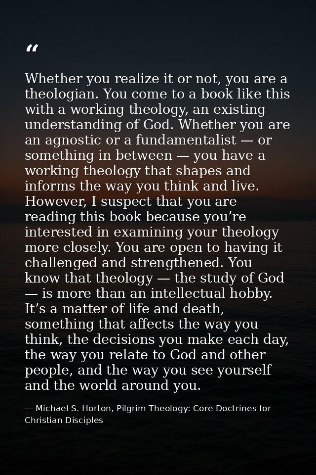 Whether you realize it or not, you are a theologian. You come to a book like this with a working theology, an existing u — Michael S. Horton, Pilgrim Theology: Core Doctrines for Christian Disciples
