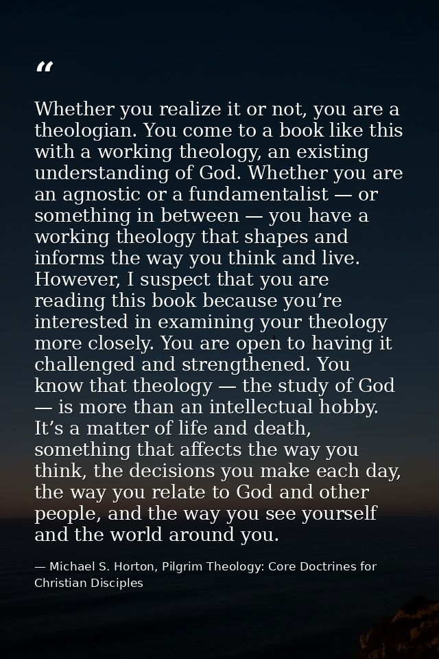 Whether you realize it or not, you are a theologian. You come to a book like this with a working theology, an existing u — Michael S. Horton, Pilgrim Theology: Core Doctrines for Christian Disciples