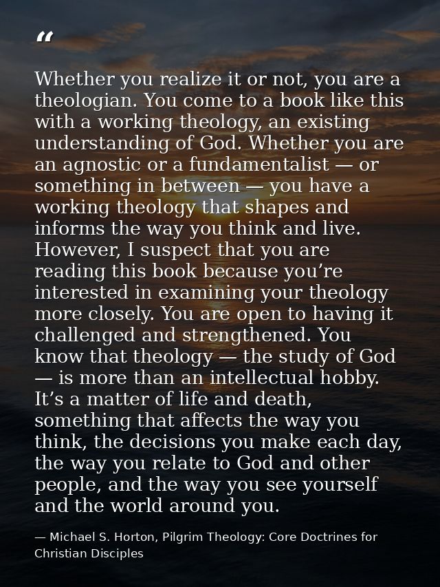 Whether you realize it or not, you are a theologian. You come to a book like this with a working theology, an existing u — Michael S. Horton, Pilgrim Theology: Core Doctrines for Christian Disciples