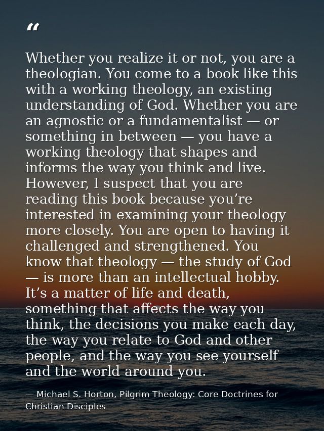 Whether you realize it or not, you are a theologian. You come to a book like this with a working theology, an existing u — Michael S. Horton, Pilgrim Theology: Core Doctrines for Christian Disciples
