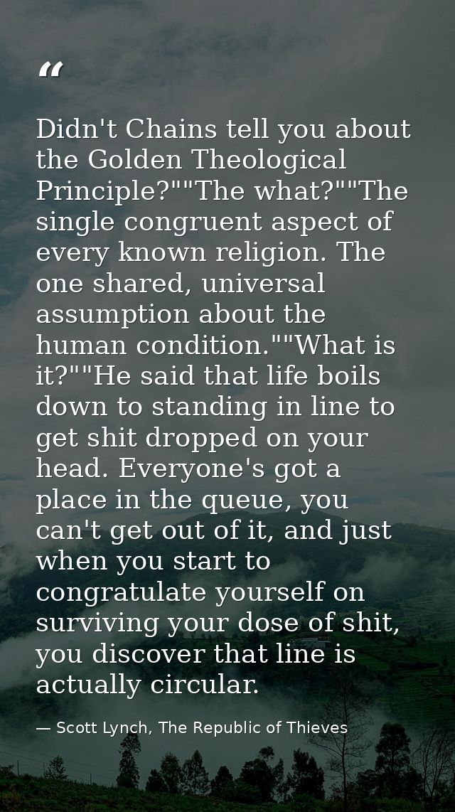 Didn't Chains tell you about the Golden Theological Principle?""The what?""The single congruent aspect of every known re — Scott Lynch, The Republic of Thieves