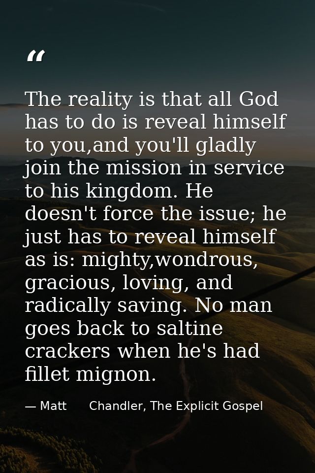 The reality is that all God has to do is reveal himself to you,and you'll gladly join the mission in service to his king — Matt      Chandler, The Explicit Gospel