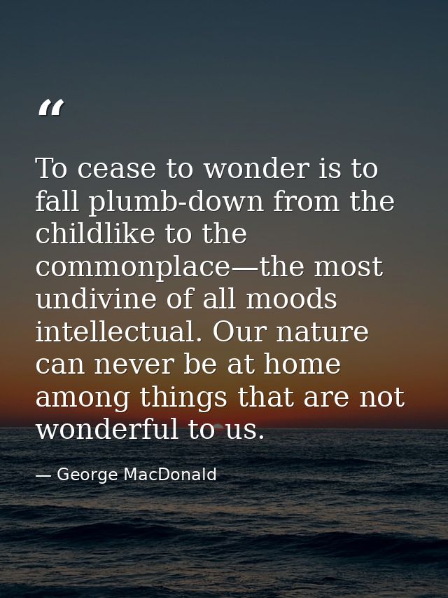 To cease to wonder is to fall plumb-down from the childlike to the commonplace—the most undivine of all moods intellectu — George MacDonald
