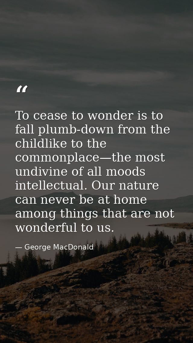 To cease to wonder is to fall plumb-down from the childlike to the commonplace—the most undivine of all moods intellectu — George MacDonald