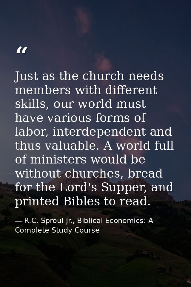 Just as the church needs members with different skills, our world must have various forms of labor, interdependent and t — R.C. Sproul Jr., Biblical Economics: A Complete Study Course