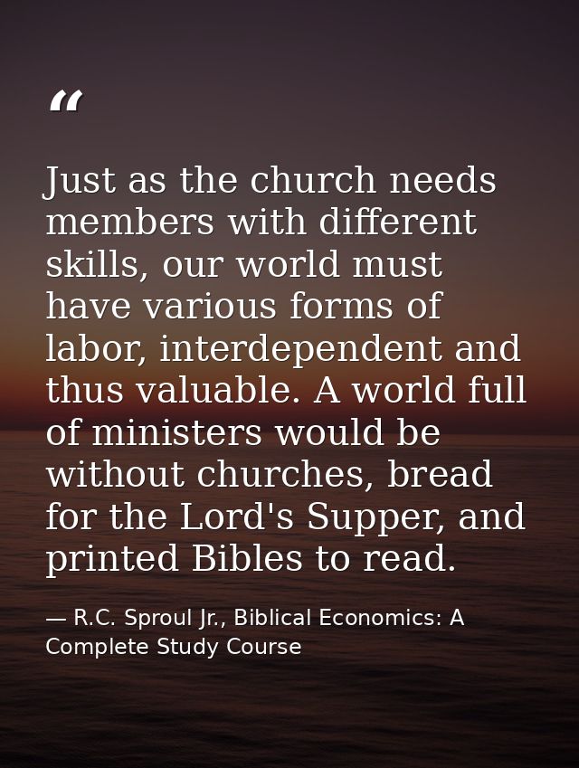 Just as the church needs members with different skills, our world must have various forms of labor, interdependent and t — R.C. Sproul Jr., Biblical Economics: A Complete Study Course