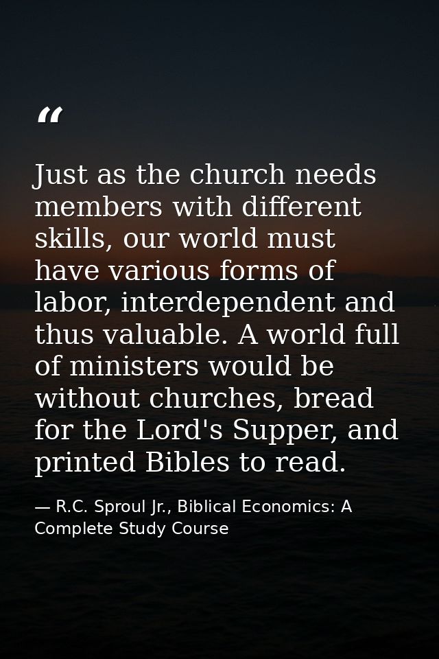 Just as the church needs members with different skills, our world must have various forms of labor, interdependent and t — R.C. Sproul Jr., Biblical Economics: A Complete Study Course