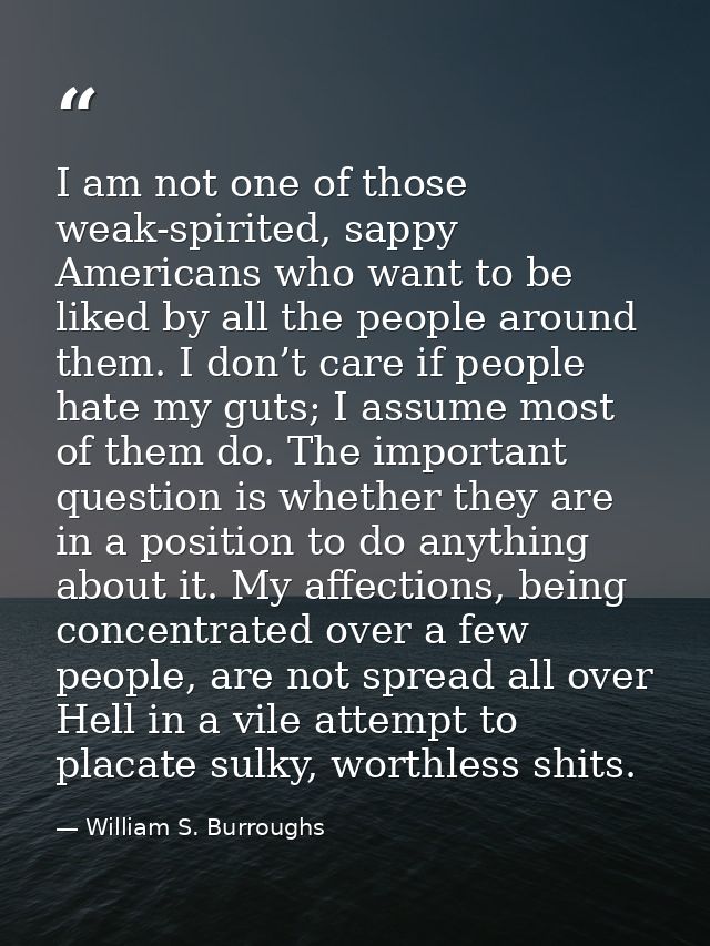 I am not one of those weak-spirited, sappy Americans who want to be liked by all the people around them. I don’t care if — William S. Burroughs