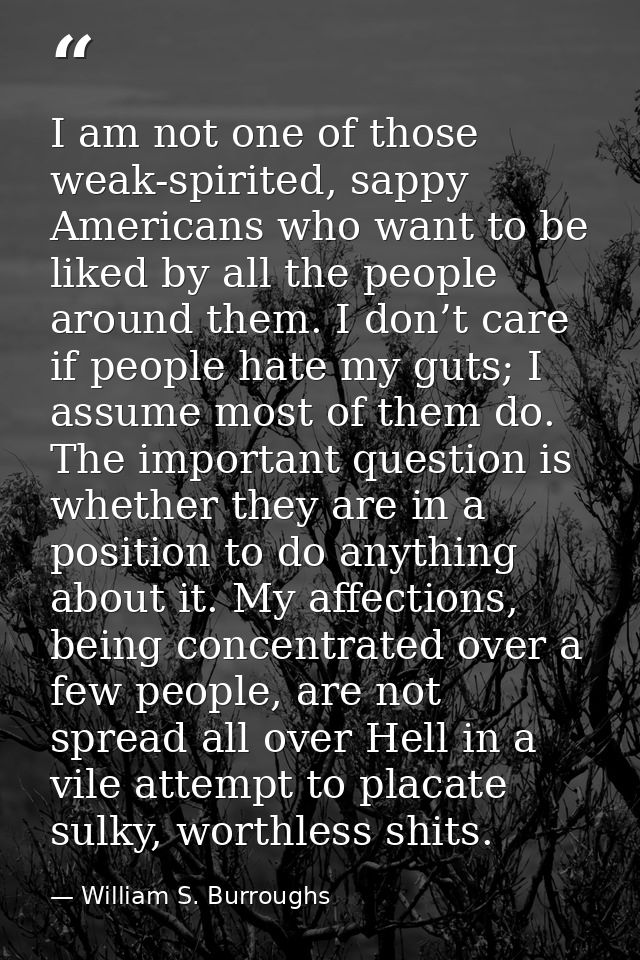 I am not one of those weak-spirited, sappy Americans who want to be liked by all the people around them. I don’t care if — William S. Burroughs