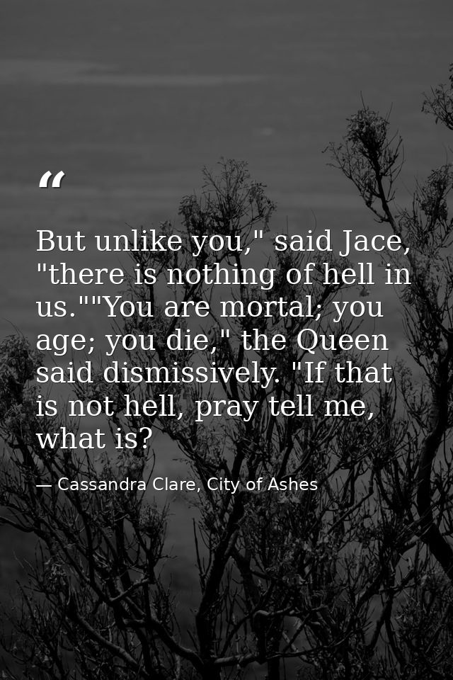 But unlike you," said Jace, "there is nothing of hell in us.""You are mortal; you age; you die," the Queen said dismissi — Cassandra Clare, City of Ashes