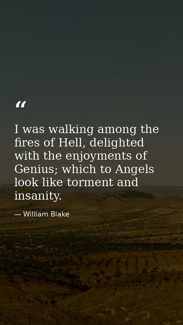 I was walking among the fires of Hell, delighted with the enjoyments of Genius; which to Angels look like torment and in — William Blake