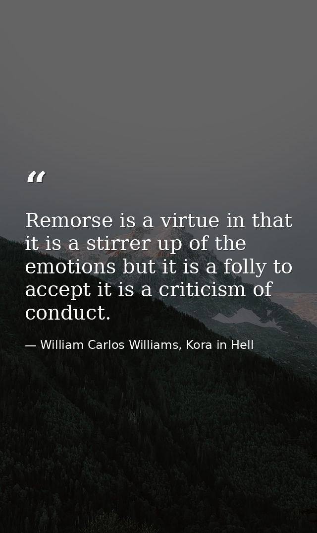 Remorse is a virtue in that it is a stirrer up of the emotions but it is a folly to accept it is a criticism of conduct. — William Carlos Williams, Kora in Hell
