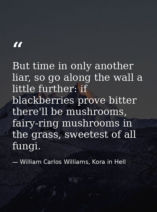 But time in only another liar, so go along the wall a little further: if blackberries prove bitter there'll be mushrooms — William Carlos Williams, Kora in Hell
