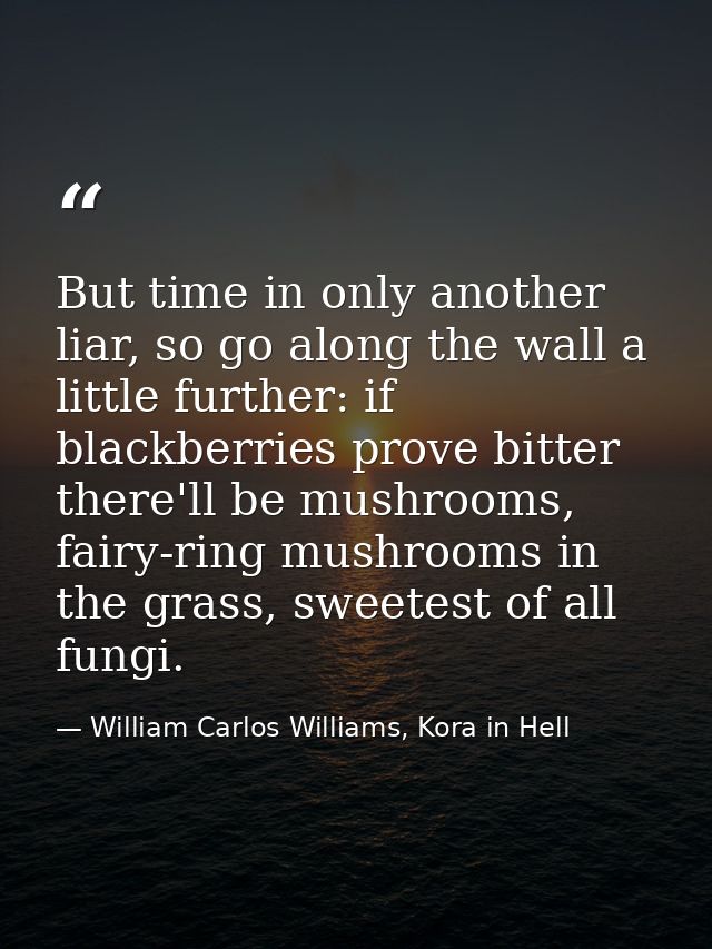 But time in only another liar, so go along the wall a little further: if blackberries prove bitter there'll be mushrooms — William Carlos Williams, Kora in Hell