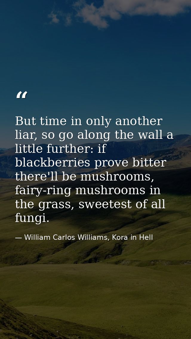 But time in only another liar, so go along the wall a little further: if blackberries prove bitter there'll be mushrooms — William Carlos Williams, Kora in Hell