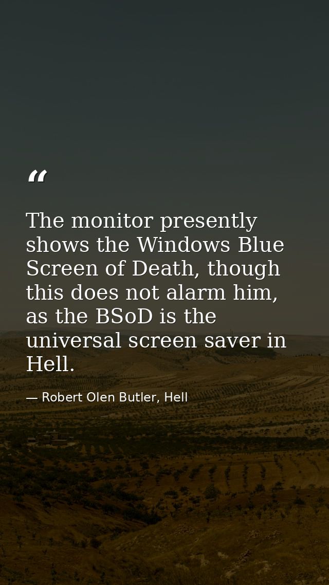 The monitor presently shows the Windows Blue Screen of Death, though this does not alarm him, as the BSoD is the univers — Robert Olen Butler, Hell
