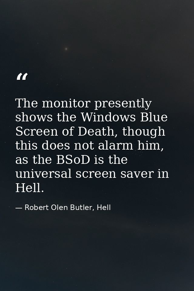 The monitor presently shows the Windows Blue Screen of Death, though this does not alarm him, as the BSoD is the univers — Robert Olen Butler, Hell