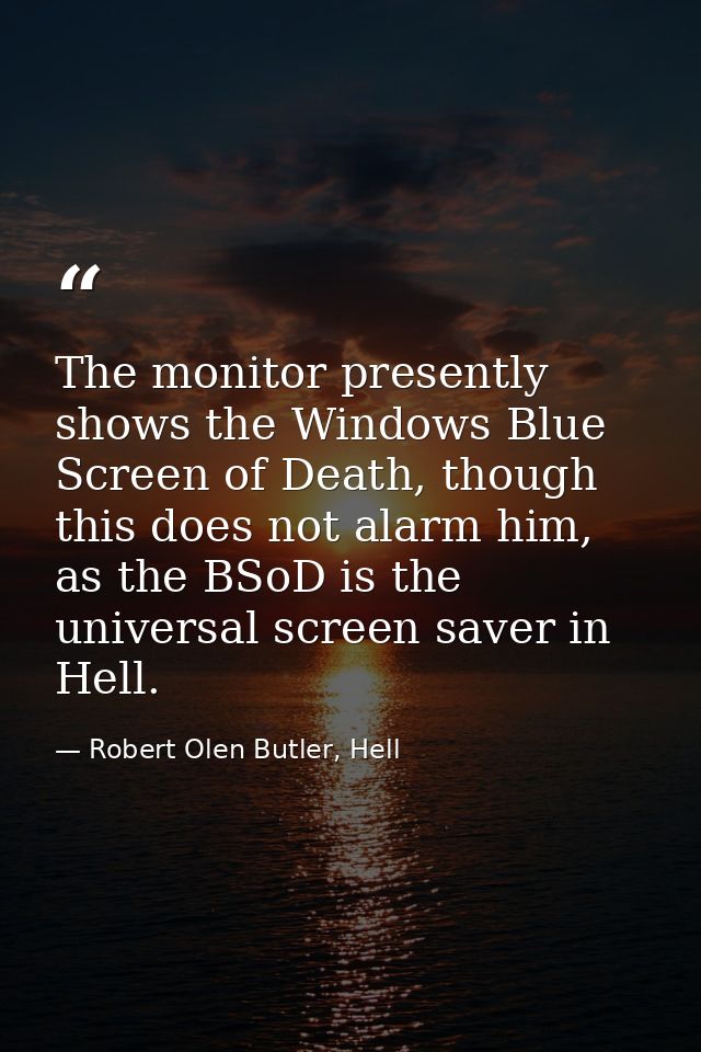 The monitor presently shows the Windows Blue Screen of Death, though this does not alarm him, as the BSoD is the univers — Robert Olen Butler, Hell