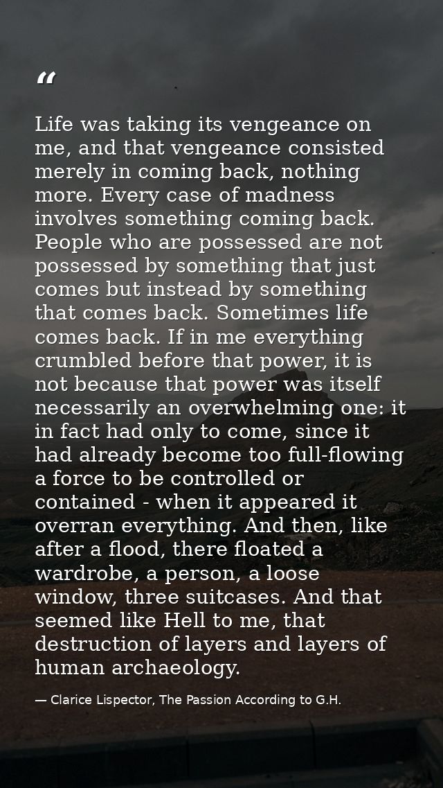 Life was taking its vengeance on me, and that vengeance consisted merely in coming back, nothing more. Every case of mad — Clarice Lispector, The Passion According to G.H.