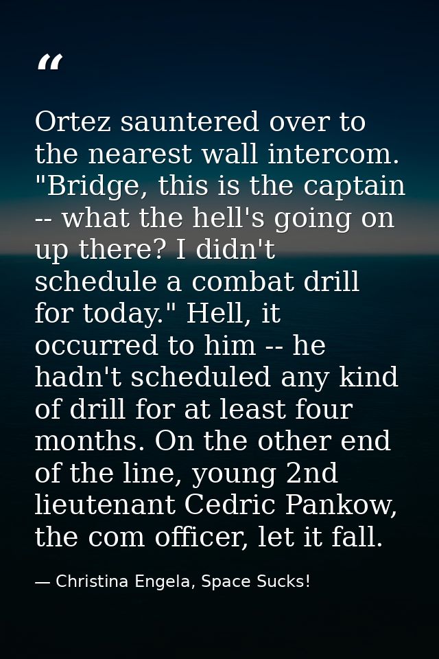 Ortez sauntered over to the nearest wall intercom. "Bridge, this is the captain -- what the hell's going on up there? I  — Christina Engela, Space Sucks!