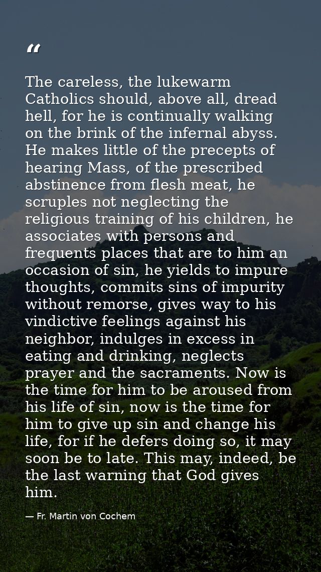 The careless, the lukewarm Catholics should, above all, dread hell, for he is continually walking on the brink of the in — Fr. Martin von Cochem