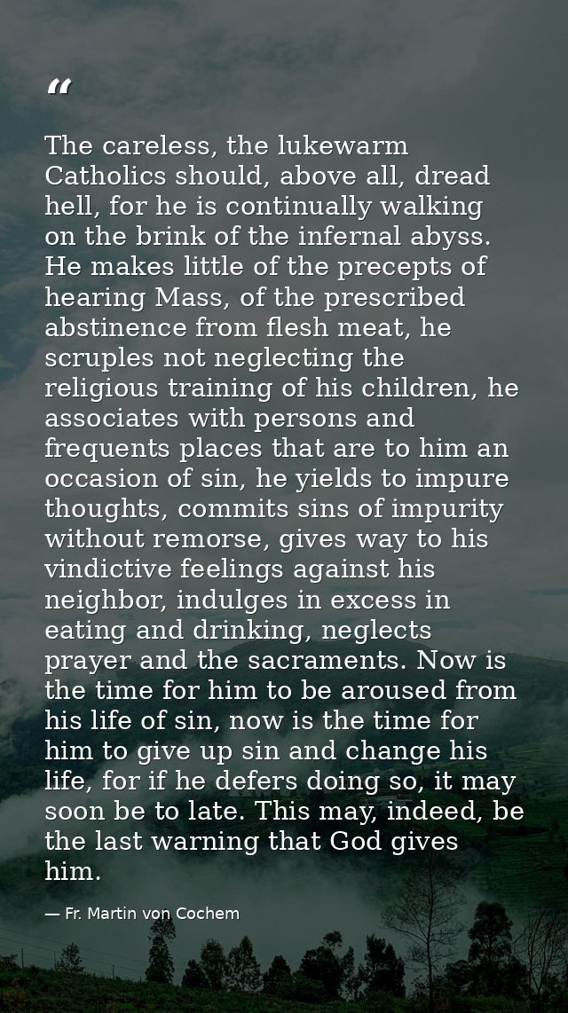 The careless, the lukewarm Catholics should, above all, dread hell, for he is continually walking on the brink of the in — Fr. Martin von Cochem