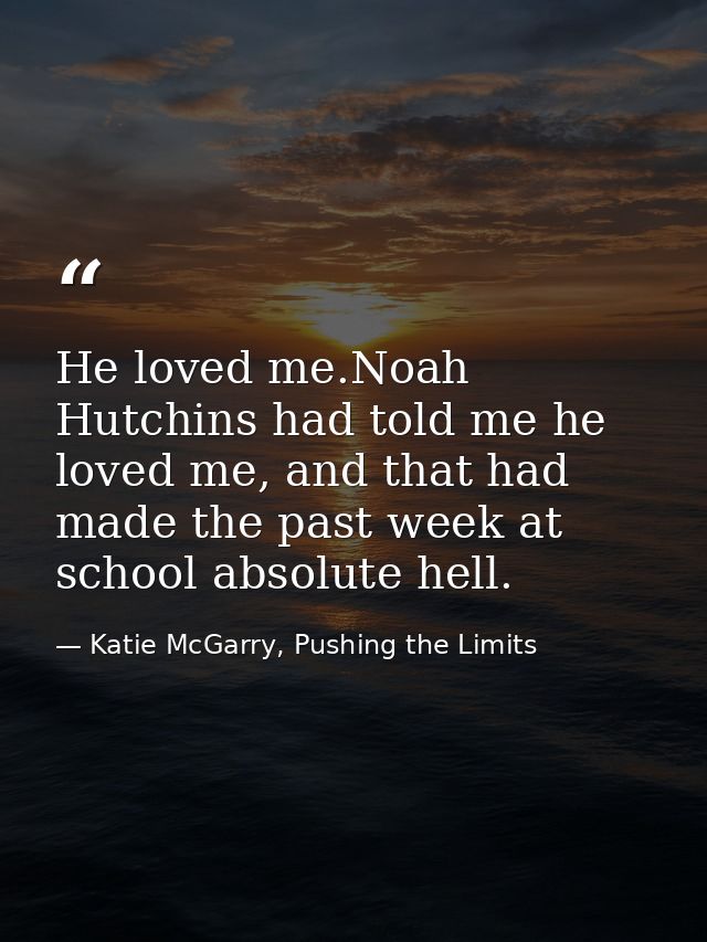 He loved me.Noah Hutchins had told me he loved me, and that had made the past week at school absolute hell. — Katie McGarry, Pushing the Limits