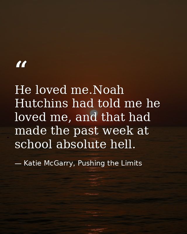 He loved me.Noah Hutchins had told me he loved me, and that had made the past week at school absolute hell. — Katie McGarry, Pushing the Limits