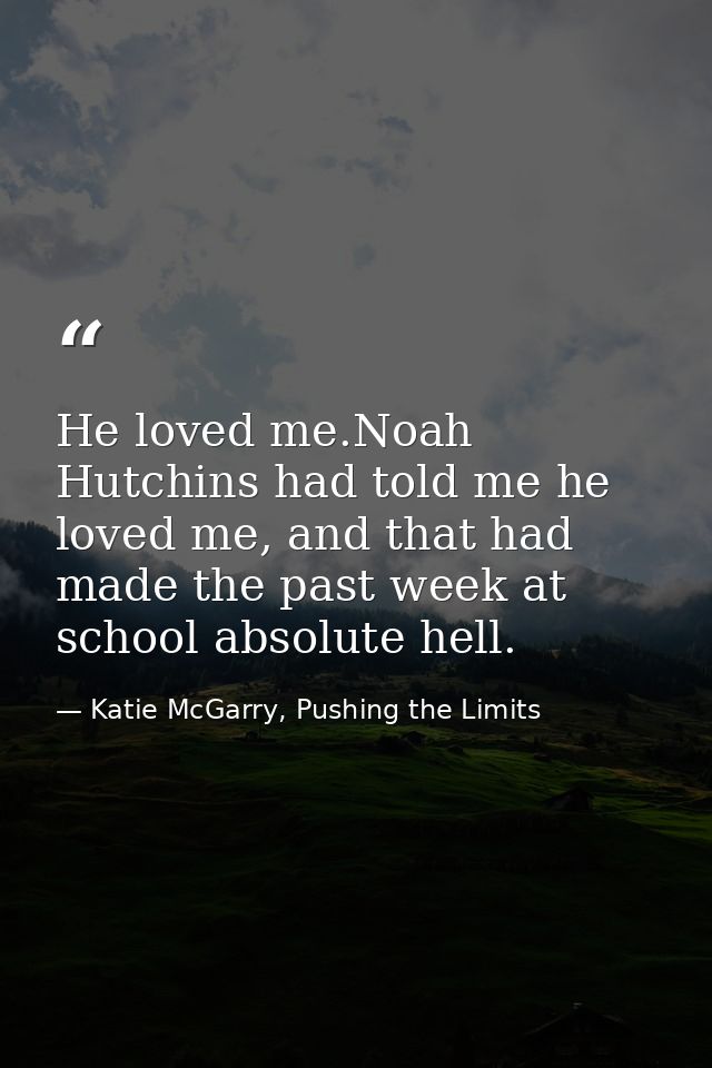 He loved me.Noah Hutchins had told me he loved me, and that had made the past week at school absolute hell. — Katie McGarry, Pushing the Limits