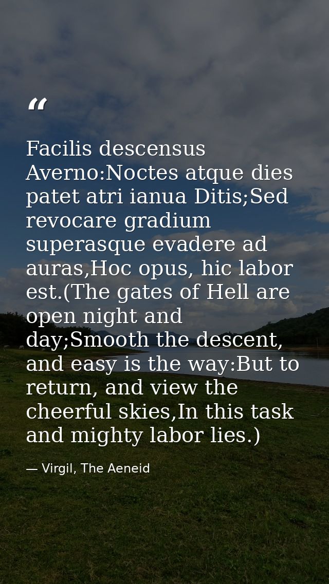 Facilis descensus Averno:Noctes atque dies patet atri ianua Ditis;Sed revocare gradium superasque evadere ad auras,Hoc o — Virgil, The Aeneid