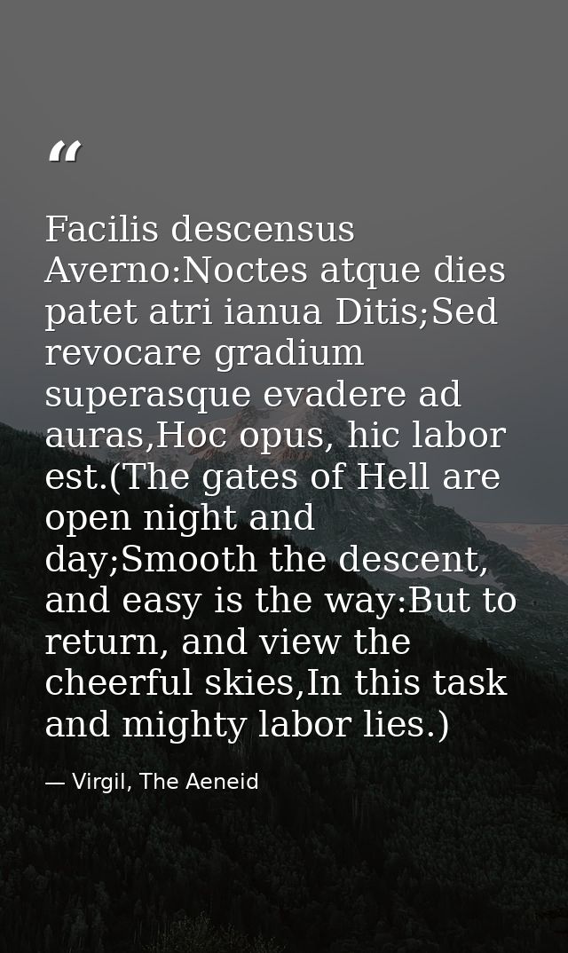 Facilis descensus Averno:Noctes atque dies patet atri ianua Ditis;Sed revocare gradium superasque evadere ad auras,Hoc o — Virgil, The Aeneid