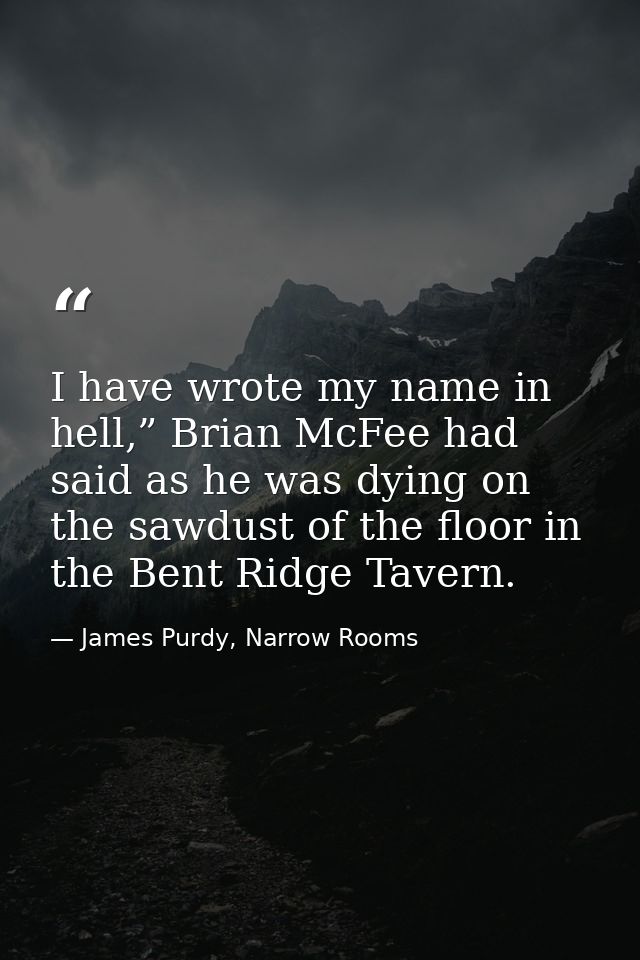 I have wrote my name in hell,” Brian McFee had said as he was dying on the sawdust of the floor in the Bent Ridge Tavern — James Purdy, Narrow Rooms