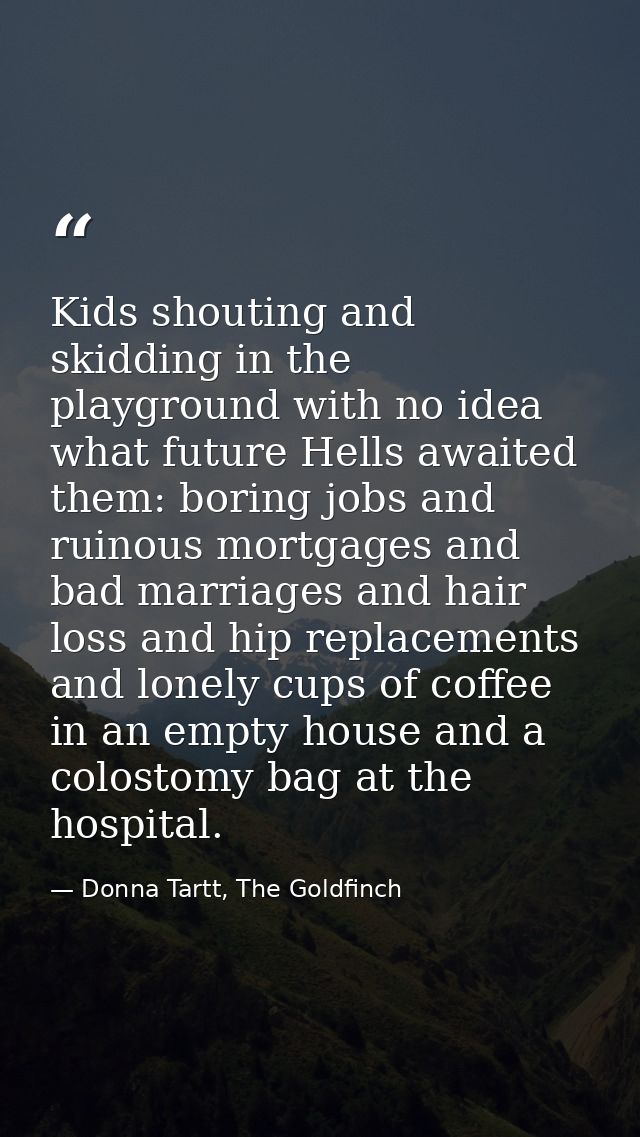 Kids shouting and skidding in the playground with no idea what future Hells awaited them: boring jobs and ruinous mortga — Donna Tartt, The Goldfinch