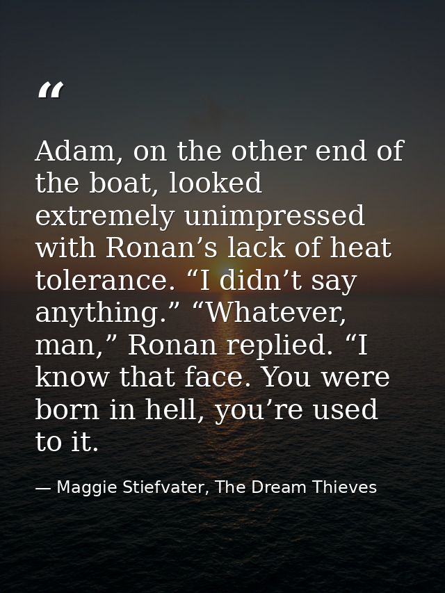 Adam, on the other end of the boat, looked extremely unimpressed with Ronan’s lack of heat tolerance. “I didn’t say anyt — Maggie Stiefvater, The Dream Thieves