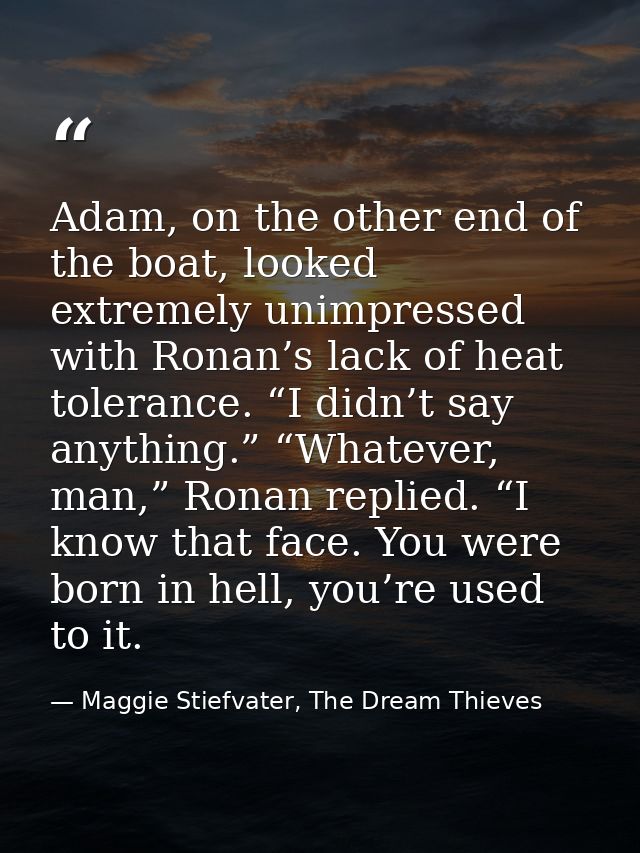 Adam, on the other end of the boat, looked extremely unimpressed with Ronan’s lack of heat tolerance. “I didn’t say anyt — Maggie Stiefvater, The Dream Thieves