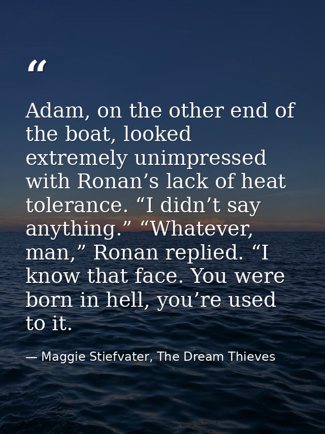 Adam, on the other end of the boat, looked extremely unimpressed with Ronan’s lack of heat tolerance. “I didn’t say anyt — Maggie Stiefvater, The Dream Thieves
