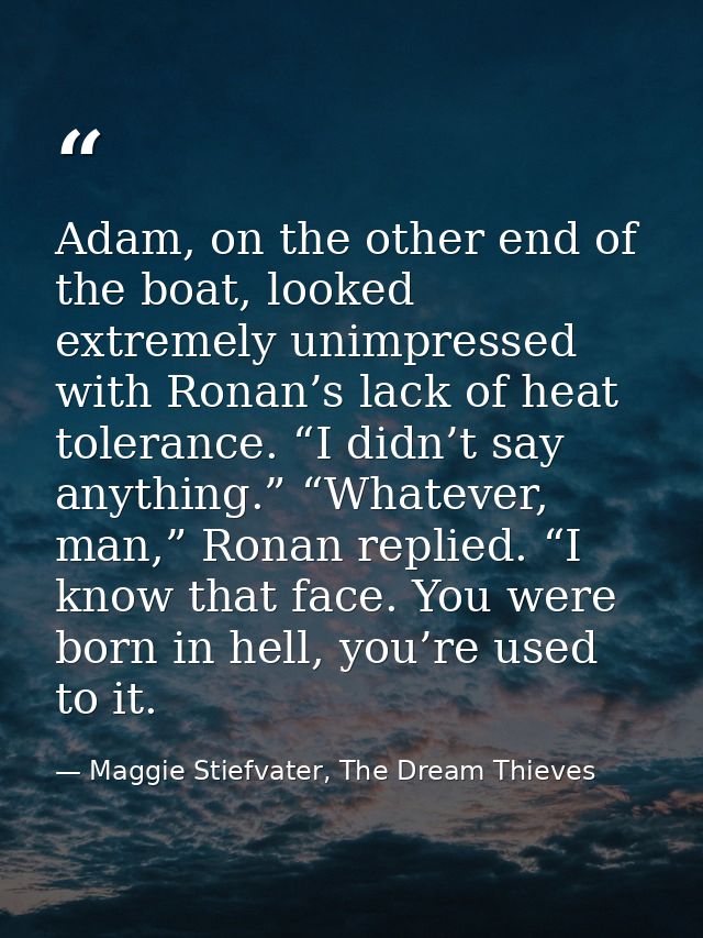 Adam, on the other end of the boat, looked extremely unimpressed with Ronan’s lack of heat tolerance. “I didn’t say anyt — Maggie Stiefvater, The Dream Thieves