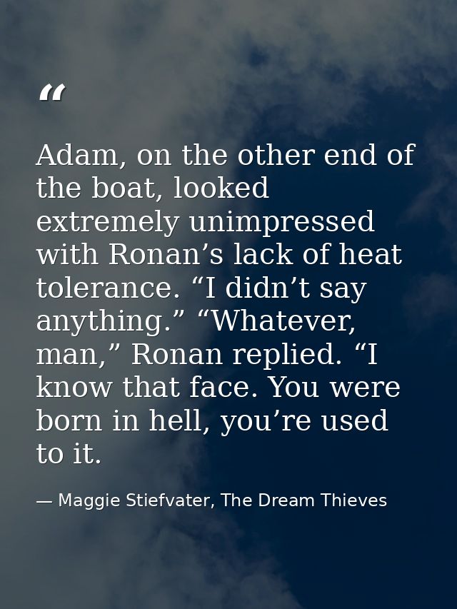 Adam, on the other end of the boat, looked extremely unimpressed with Ronan’s lack of heat tolerance. “I didn’t say anyt — Maggie Stiefvater, The Dream Thieves