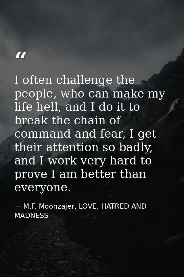 I often challenge the people, who can make my life hell, and I do it to break the chain of command and fear, I get their — M.F. Moonzajer, LOVE, HATRED AND MADNESS