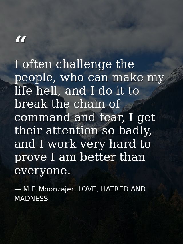 I often challenge the people, who can make my life hell, and I do it to break the chain of command and fear, I get their — M.F. Moonzajer, LOVE, HATRED AND MADNESS