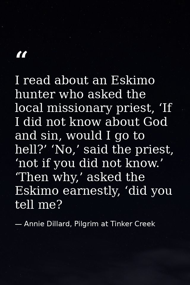 I read about an Eskimo hunter who asked the local missionary priest, ‘If I did not know about God and sin, would I go to — Annie Dillard, Pilgrim at Tinker Creek