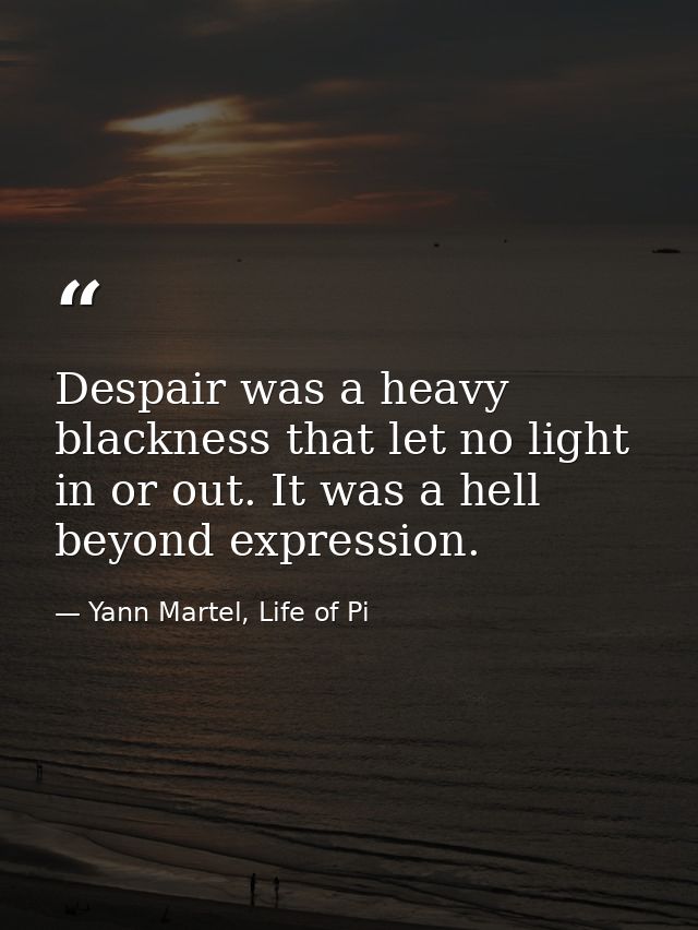 Despair was a heavy blackness that let no light in or out. It was a hell beyond expression. — Yann Martel, Life of Pi