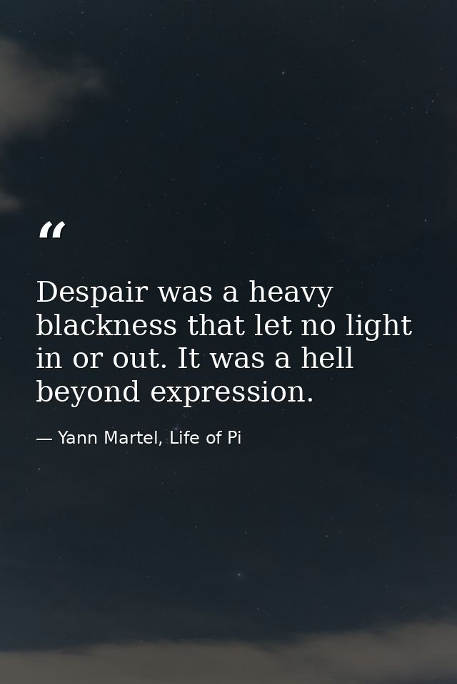 Despair was a heavy blackness that let no light in or out. It was a hell beyond expression. — Yann Martel, Life of Pi
