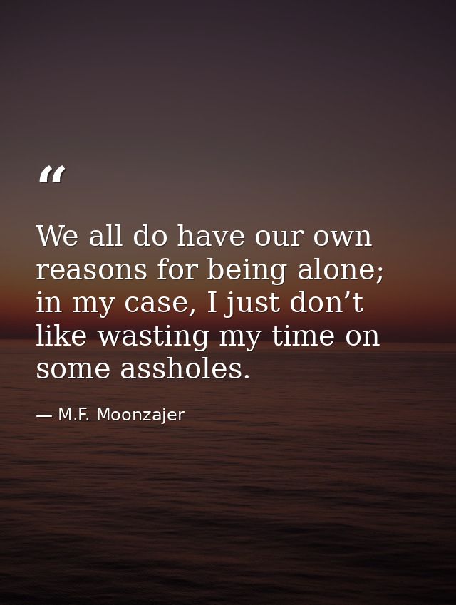 We all do have our own reasons for being alone; in my case, I just don’t like wasting my time on some assholes. — M.F. Moonzajer